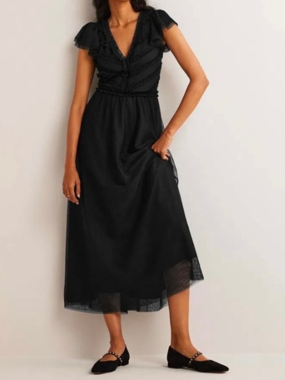 Boden V Neck Tulle Maxi Dress Black Size 12 NWT NEW